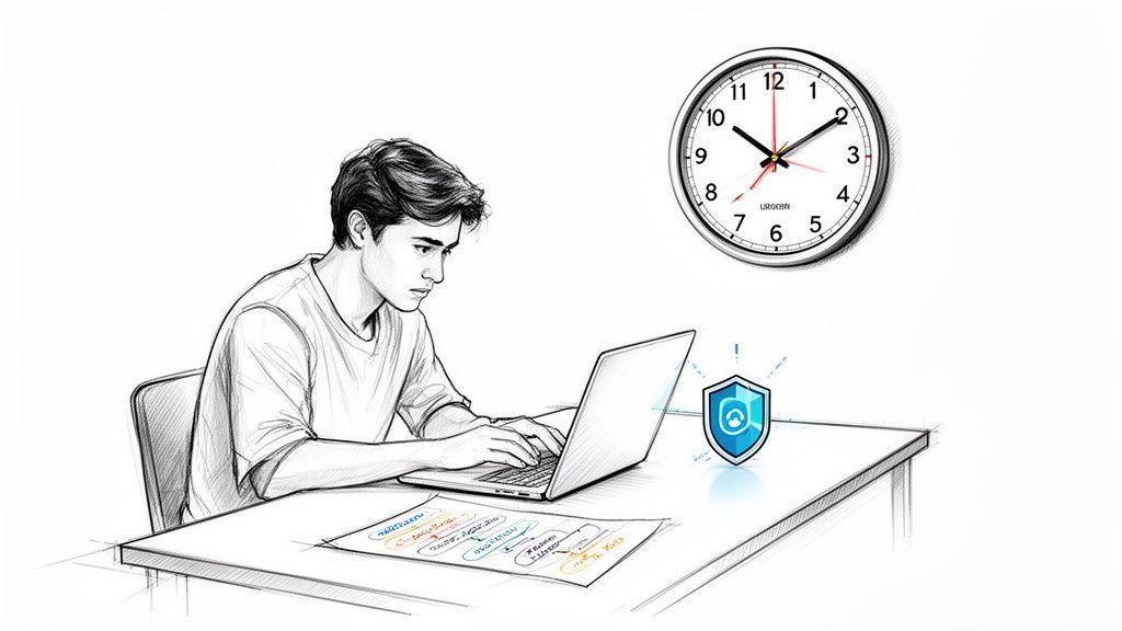 A young man intensely focused, typing on a laptop at a desk, with a clock and shield icon.