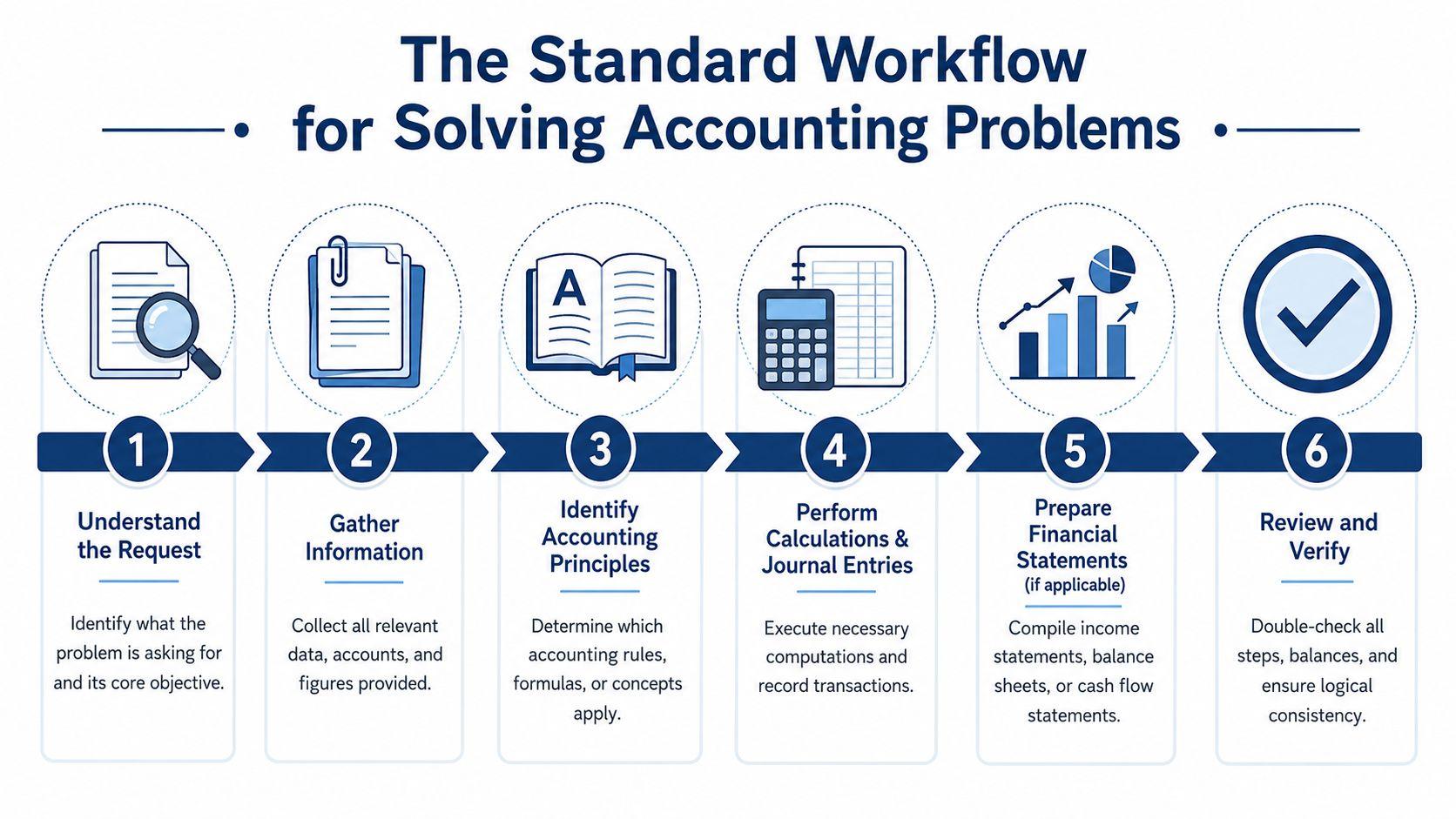 A six-step infographic detailing the standard workflow for solving complex accounting problems in a clear visual guide.