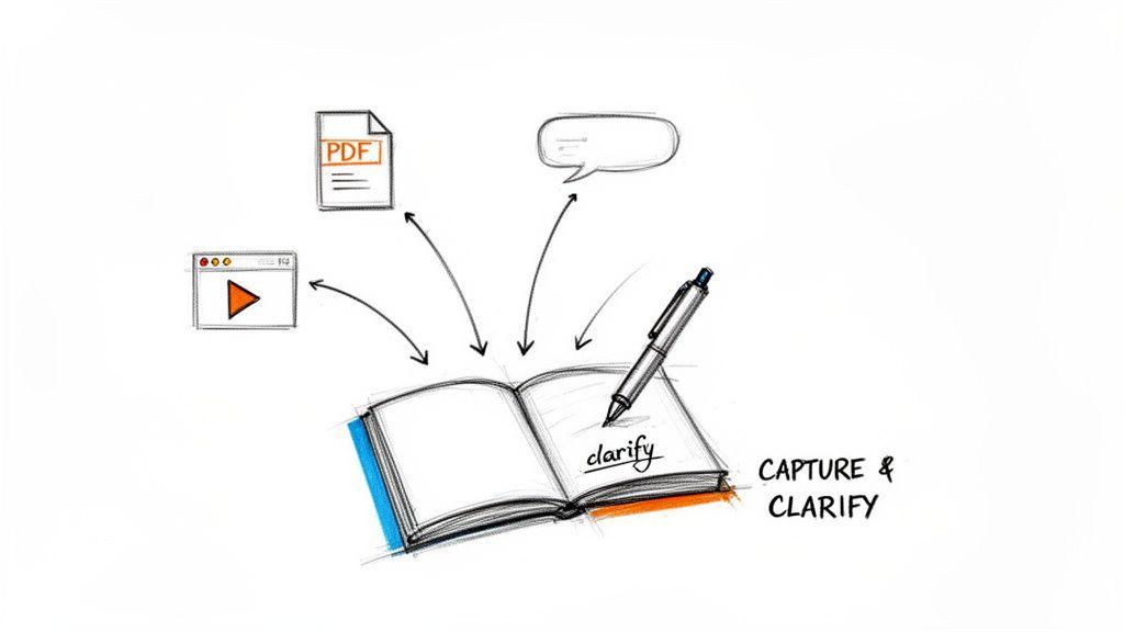 A hand-drawn diagram showing information from a PDF, video, and speech bubble flowing into a notebook for capturing and clarifying ideas.