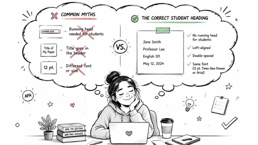 A student thinking about APA formatting myths versus the correct student heading style on her laptop.