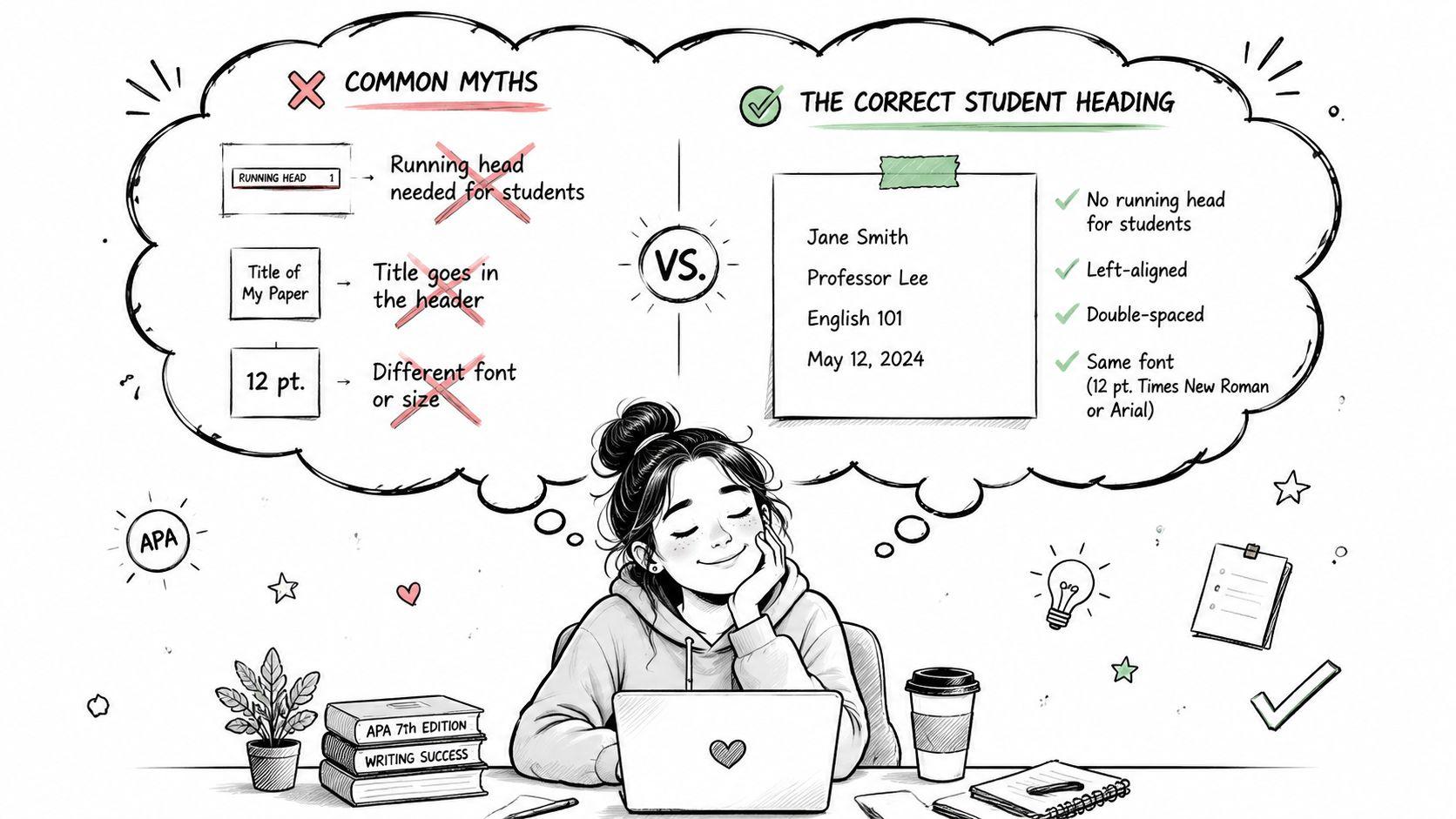 A student thinking about APA formatting myths versus the correct student heading style on her laptop.