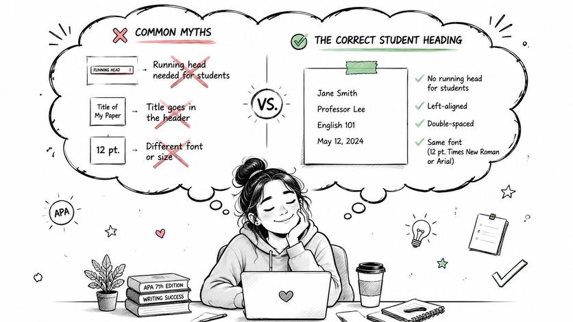 A student thinking about APA formatting myths versus the correct student heading style on her laptop.