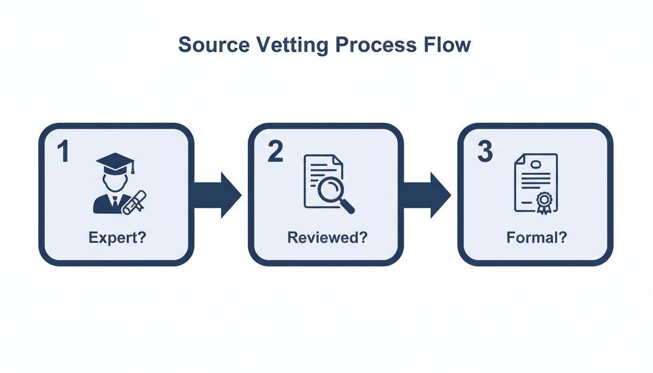 Flowchart illustrating a three-step source vetting process: expert, reviewed, and formal verification stages.