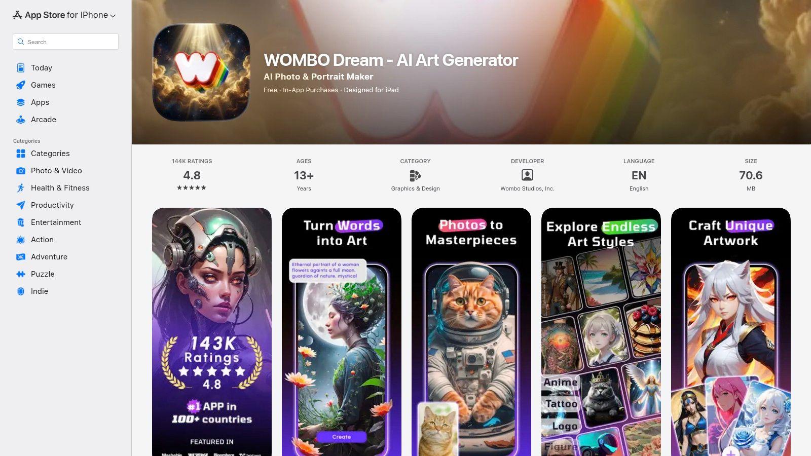 The app store page for Dream by WOMBO, showing its interface on a smartphone screen.