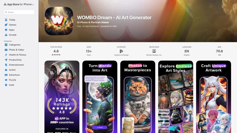 The app store page for Dream by WOMBO, showing its interface on a smartphone screen.