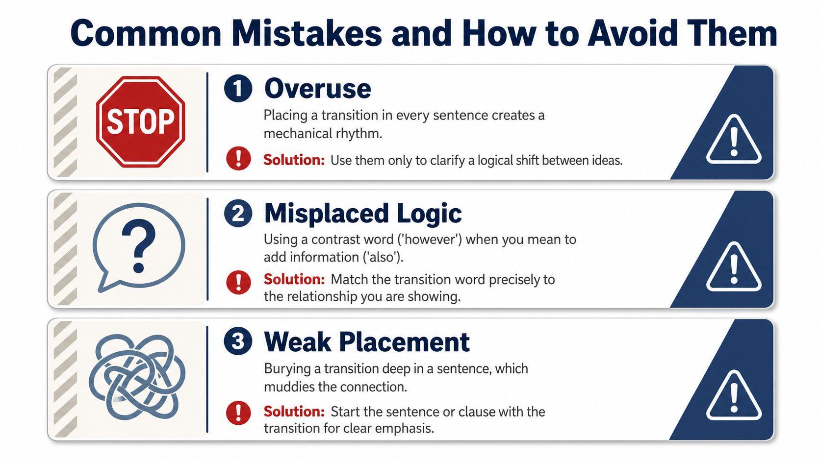 An infographic titled Common Mistakes and How to Avoid Them, explaining how to use transition words correctly.