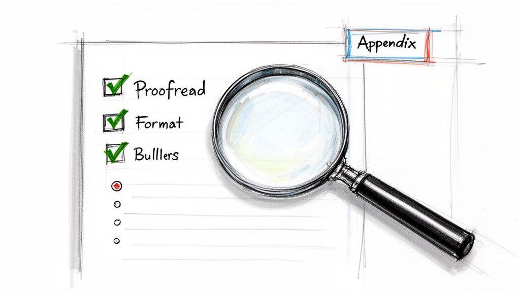 A hand-drawn checklist with 'Proofread,' 'Format,' and 'Bullers' checked, alongside a magnifying glass, suggesting document review.