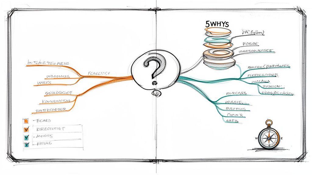 Hand-drawn mind map showing a central question mark, concepts, and a 5 Whys analysis.