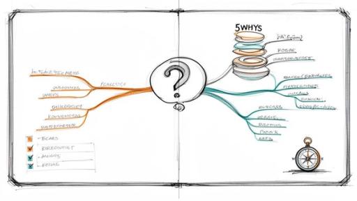 Hand-drawn mind map showing a central question mark, concepts, and a 5 Whys analysis.