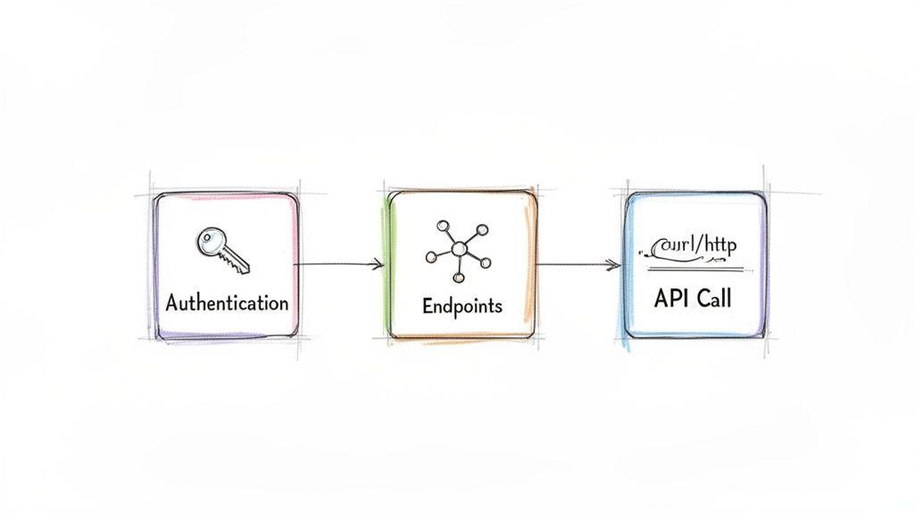 A diagram illustrating the API process flow: Authentication, Endpoints, then API Call.