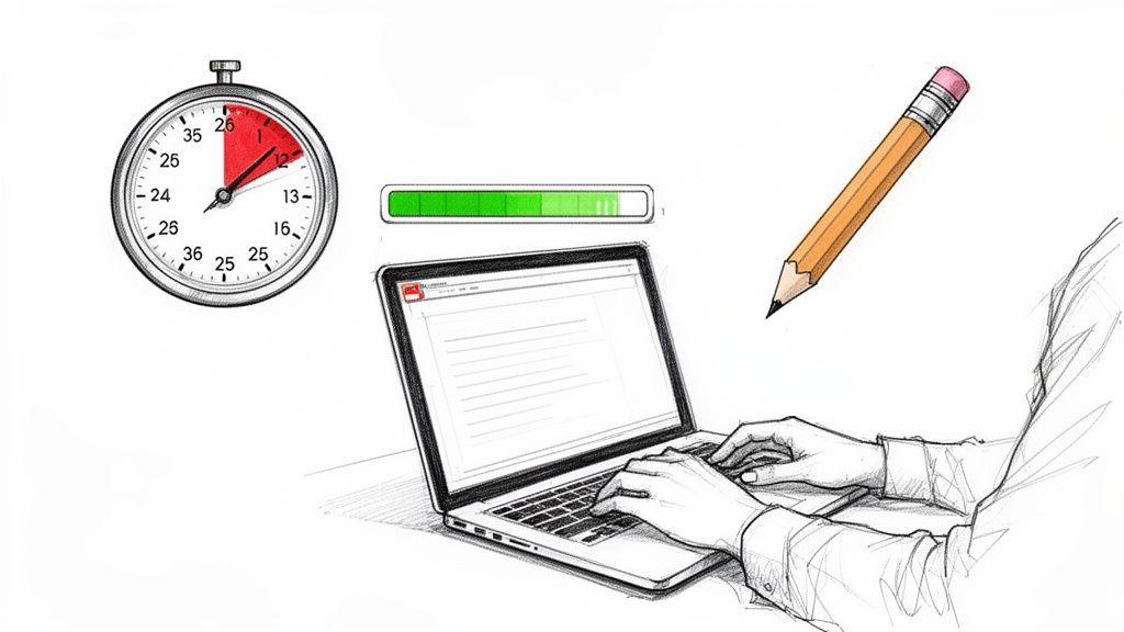 Illustration showing a stopwatch, a green progress bar, a laptop with hands typing, and a pencil, symbolizing productivity and quick work.