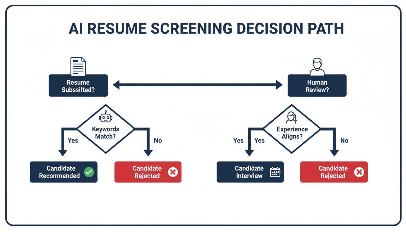 Flowchart illustrating an AI resume screening decision path, including keyword matching and human review.