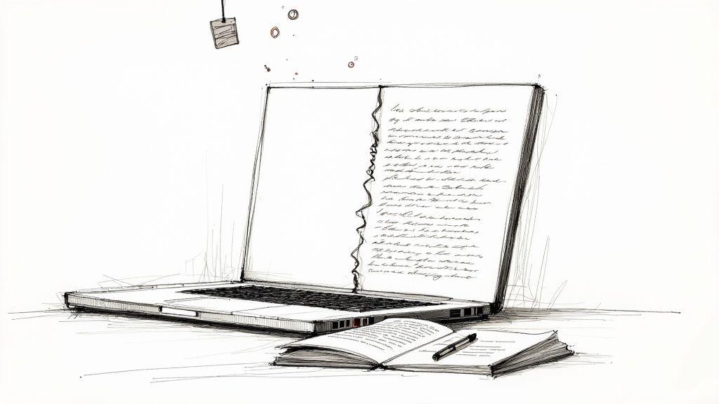 A person using a laptop with AI-generated charts and text on the screen, symbolizing the integration of AI in academic work.