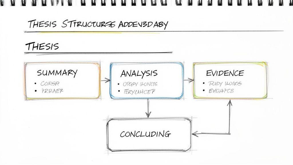 Hand-drawn flowchart illustrating a thesis structure with summary, analysis, evidence, and concluding sections.