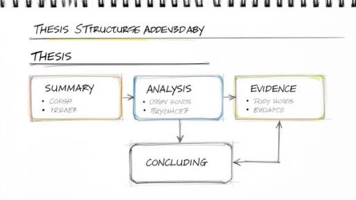 Hand-drawn flowchart illustrating a thesis structure with summary, analysis, evidence, and concluding sections.