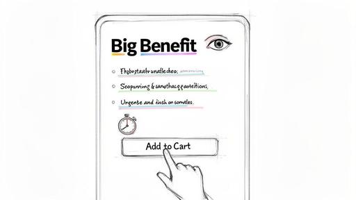 A hand-drawn mobile screen showcasing product benefits with bullet points and an 'Add to Cart' button being pressed.