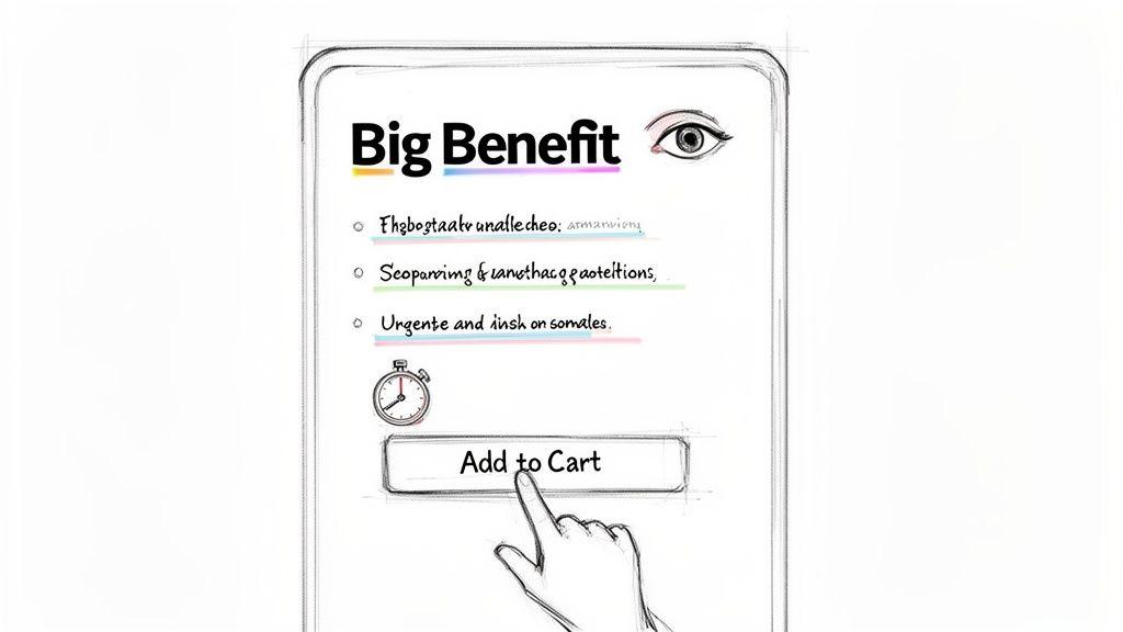 A hand-drawn mobile screen showcasing product benefits with bullet points and an 'Add to Cart' button being pressed.