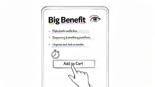 A hand-drawn mobile screen showcasing product benefits with bullet points and an 'Add to Cart' button being pressed.