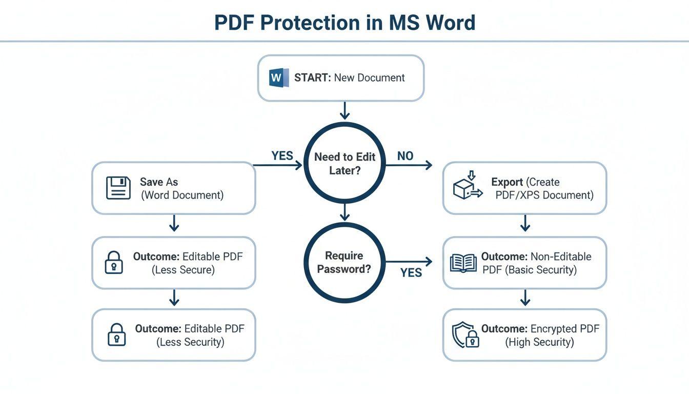 Flowchart illustrating PDF protection methods in MS Word, detailing paths for editable, non-editable, and encrypted PDF outcomes.