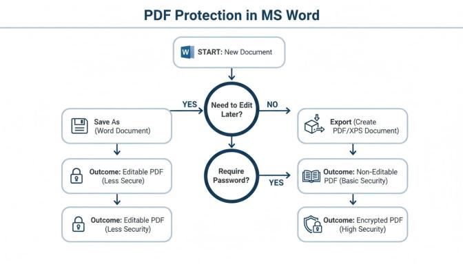 Flowchart illustrating PDF protection methods in MS Word, detailing paths for editable, non-editable, and encrypted PDF outcomes.