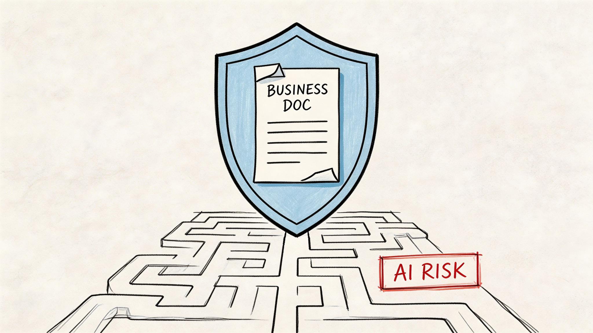A conceptual illustration of a business document protected by a shield from AI risks in a maze.