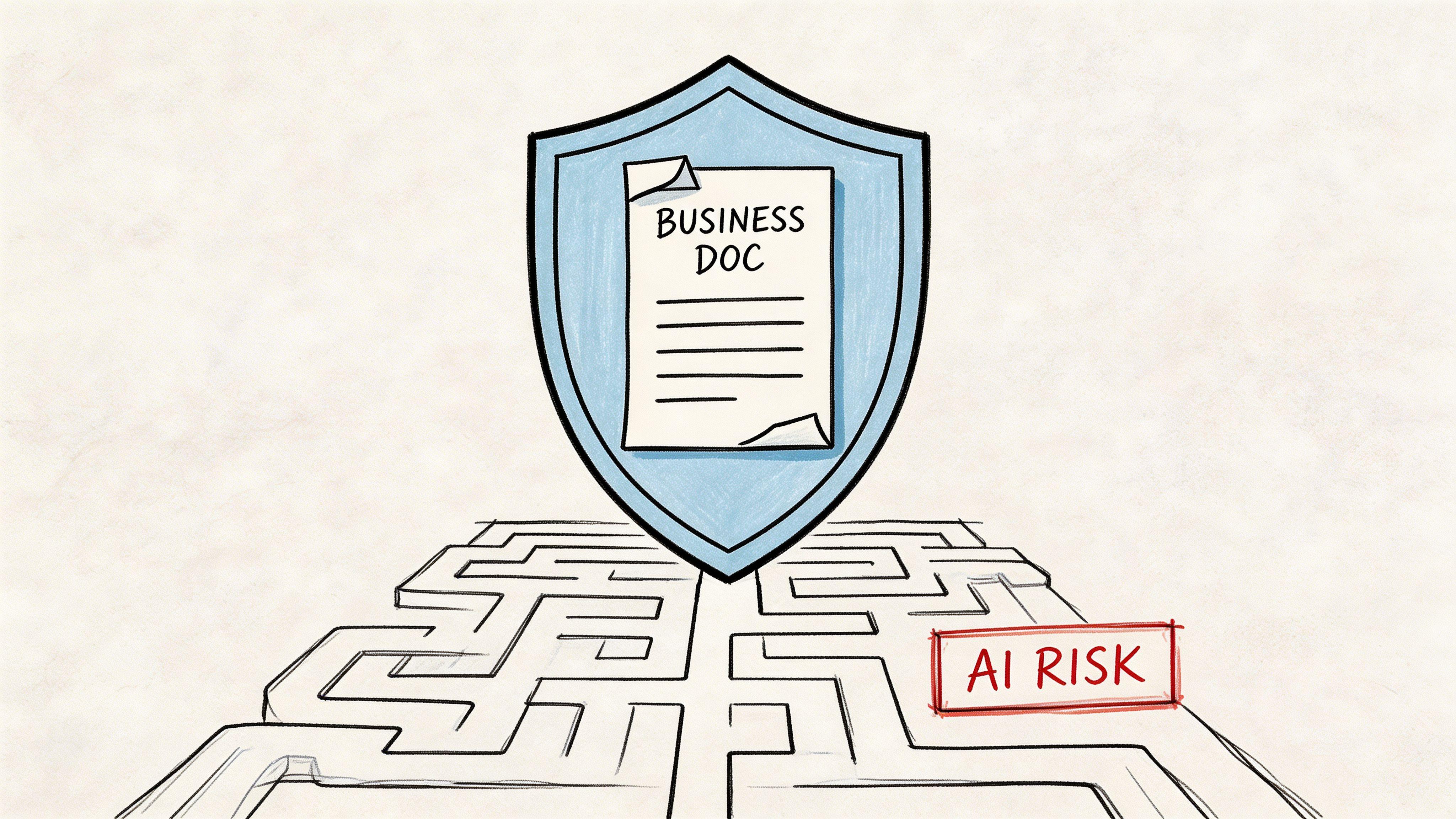 A conceptual illustration of a business document protected by a shield from AI risks in a maze.