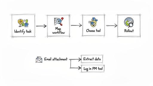 A diagram illustrates a four-step automation process and a specific email attachment workflow.