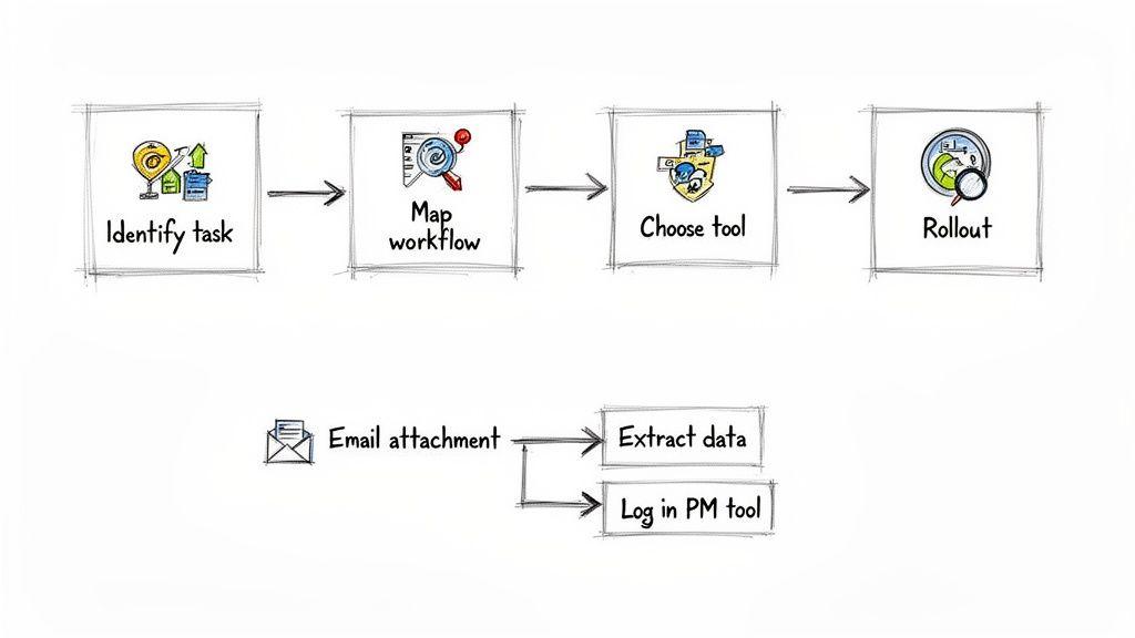 A diagram illustrates a four-step automation process and a specific email attachment workflow.