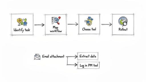 A diagram illustrates a four-step automation process and a specific email attachment workflow.