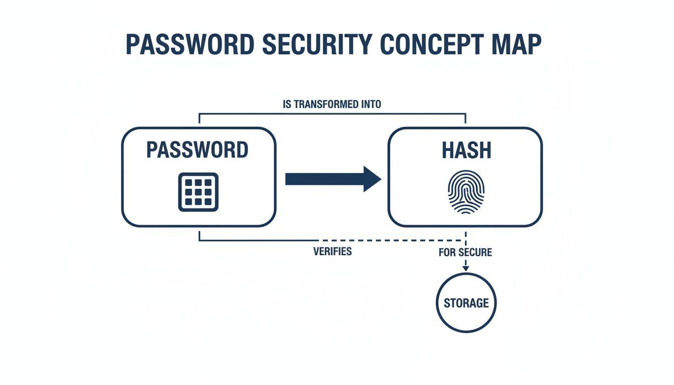 A concept map illustrating password security, showing a password transformed into a hash for secure storage.