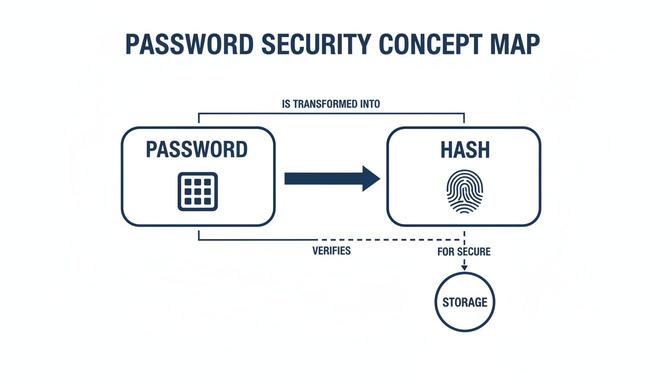 A concept map illustrating password security, showing a password transformed into a hash for secure storage.