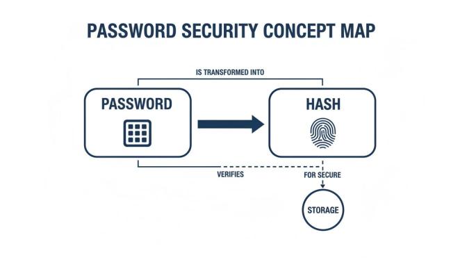 A concept map illustrating password security, showing a password transformed into a hash for secure storage.