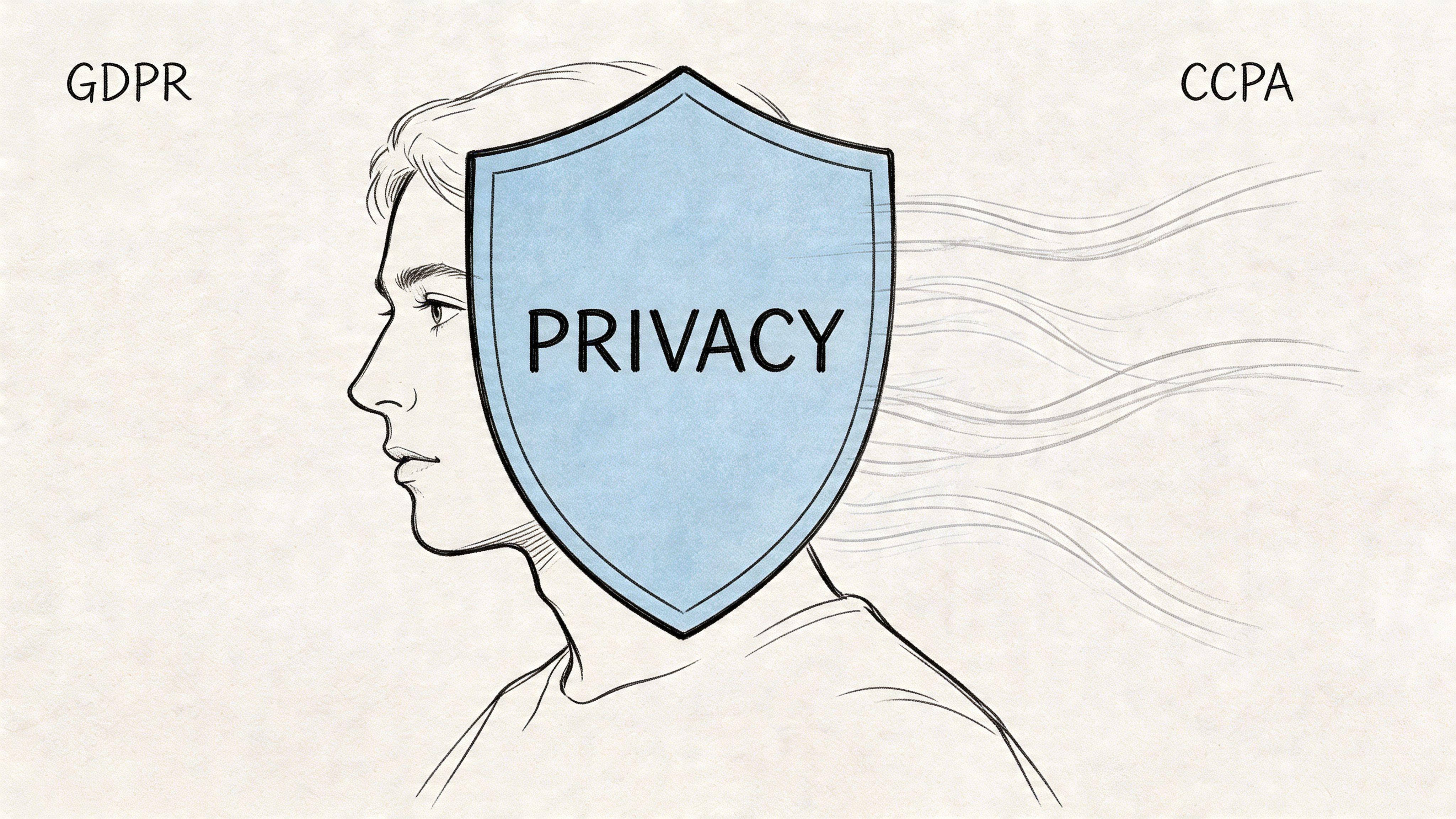 A conceptual illustration of a person shielded by a privacy guard with text GDPR and CCPA symbols.