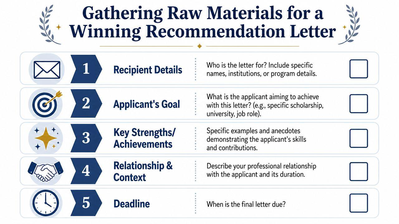 A checklist infographic titled Gathering Raw Materials for a Winning Recommendation Letter for academic or professional applications.