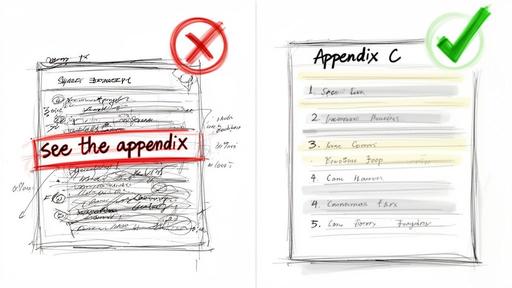 A comparison of a messy document referencing an appendix versus a clean, organized appendix list.