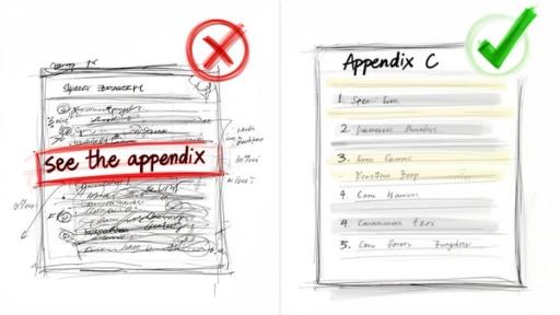 A comparison of a messy document referencing an appendix versus a clean, organized appendix list.