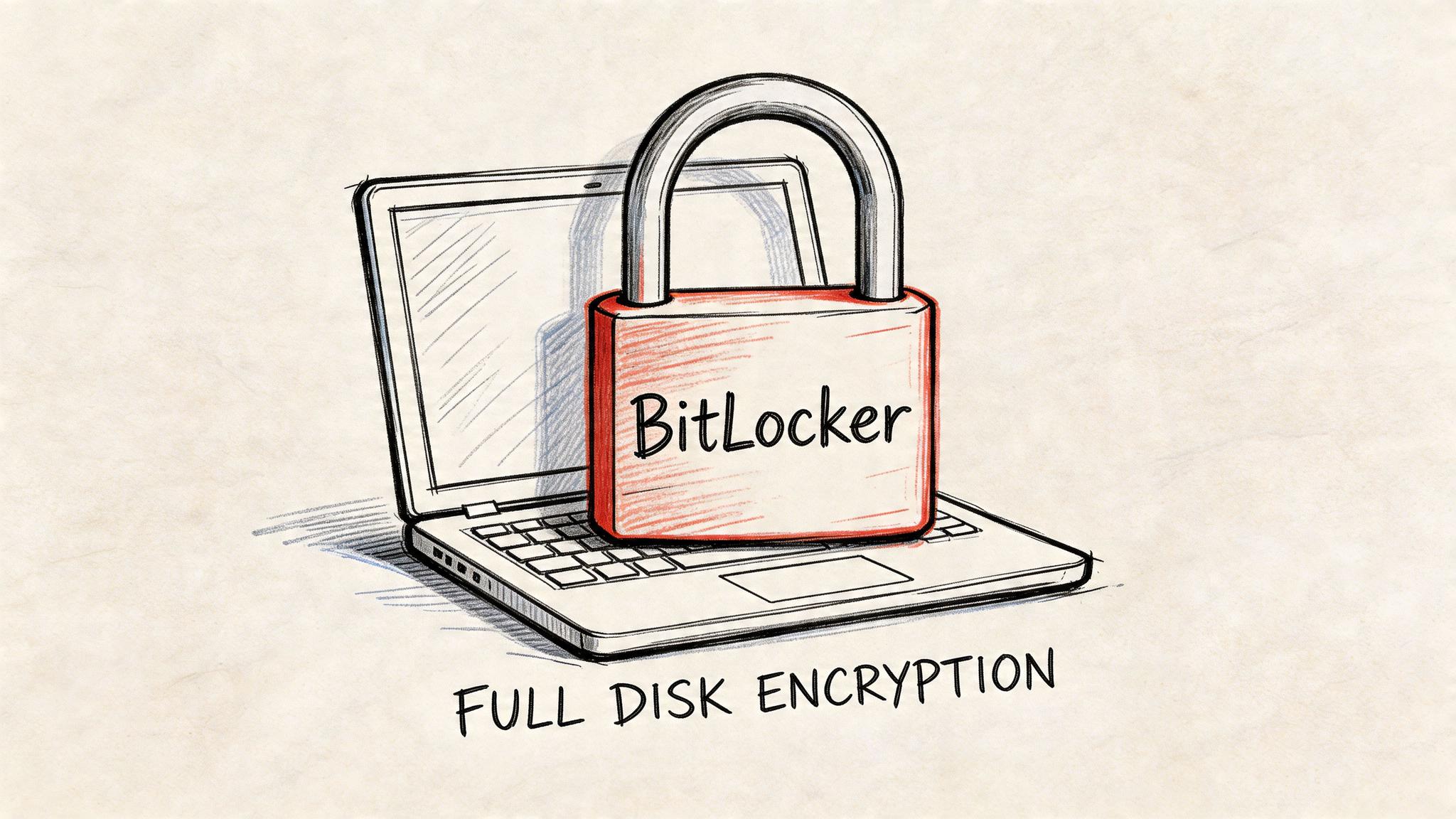 A hand-drawn illustration of a laptop computer secured with a large red padlock labeled BitLocker.