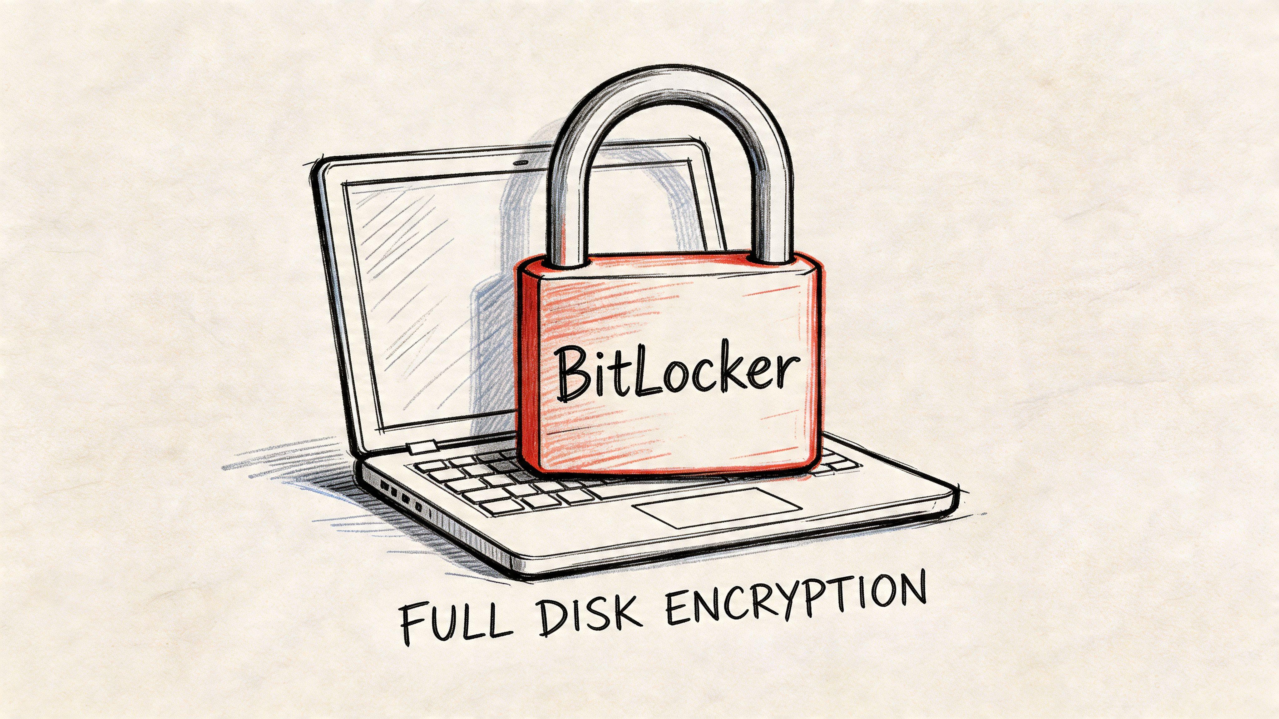 A hand-drawn illustration of a laptop computer secured with a large red padlock labeled BitLocker.