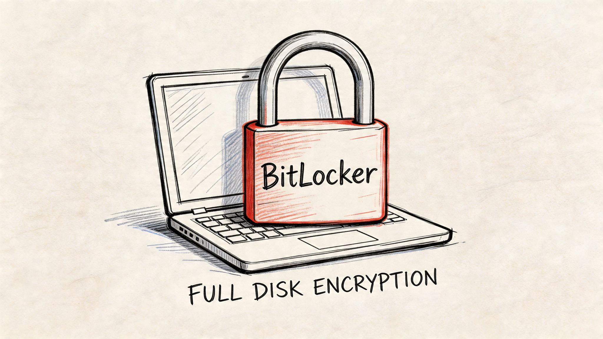A hand-drawn illustration of a laptop computer secured with a large red padlock labeled BitLocker.