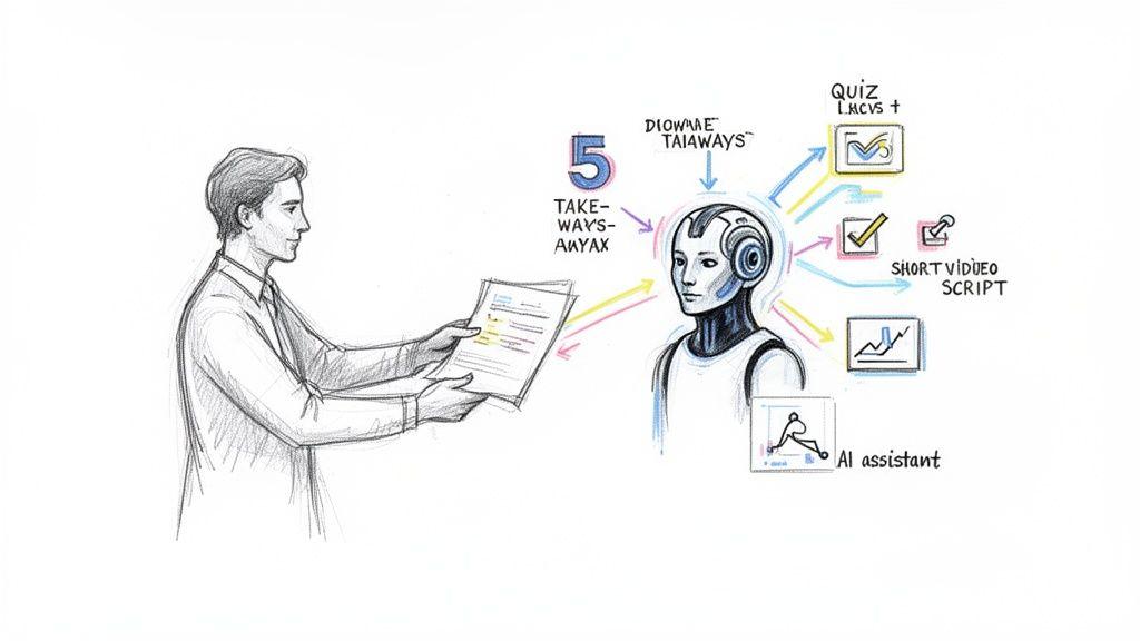 An illustration of a man giving papers to an AI robot for content creation and processing.