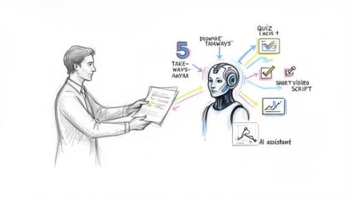 An illustration of a man giving papers to an AI robot for content creation and processing.