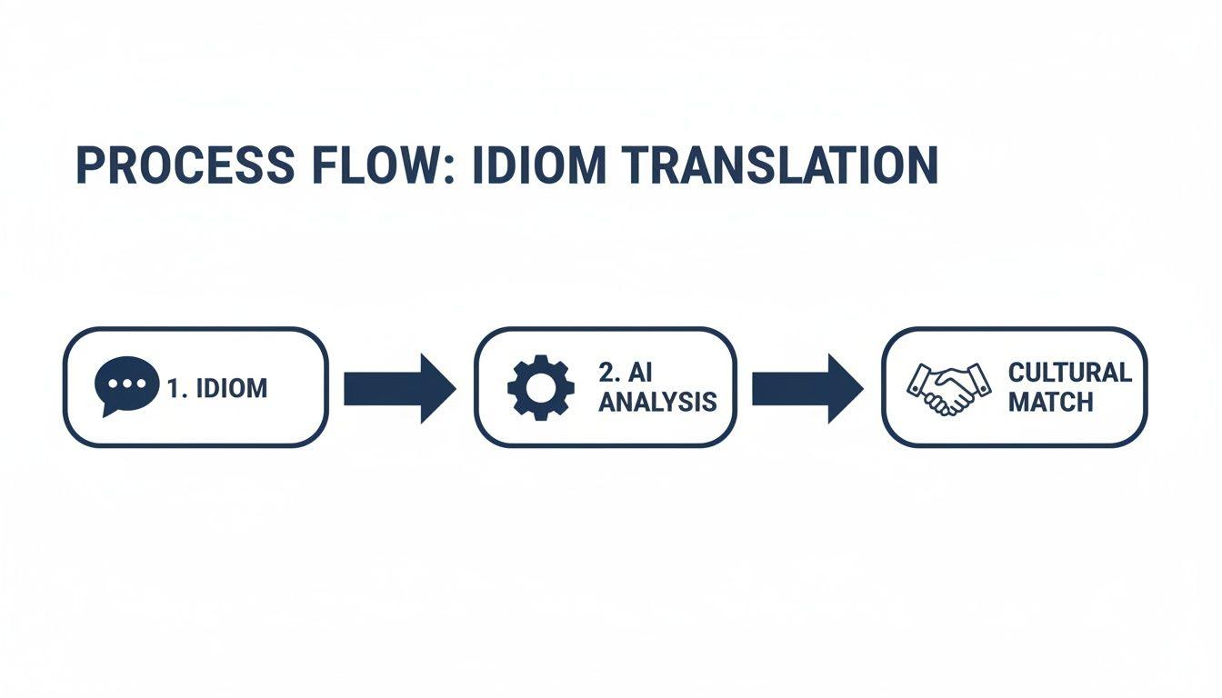 Process flow diagram illustrating idiom translation steps: idiom input, AI analysis, and cultural matching.