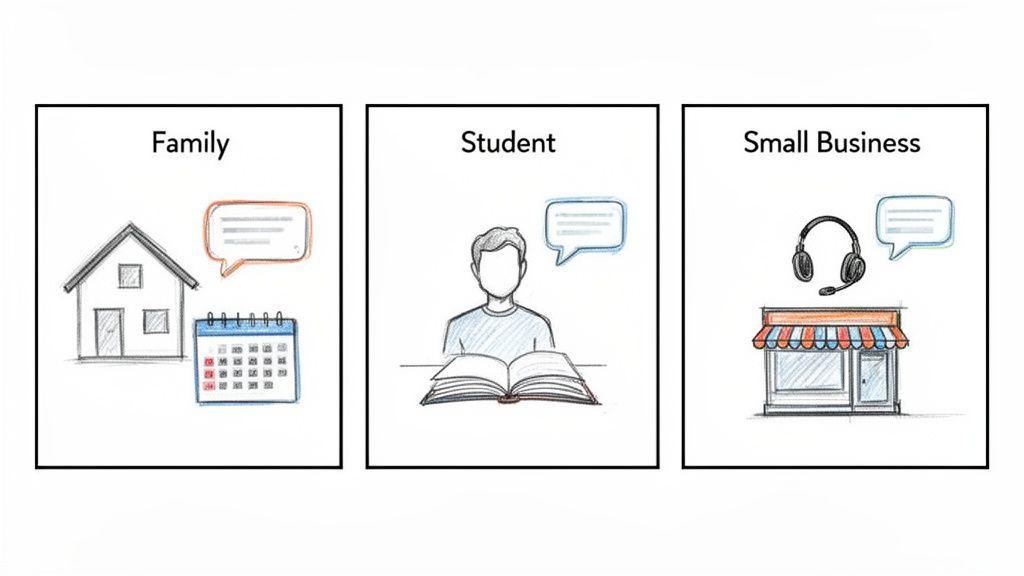 Illustrations showing user segments: a house and calendar for 'Family', a student with a book, and a storefront with headphones for 'Small Business'.