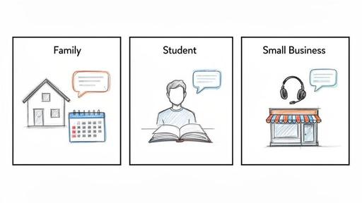 Illustrations showing user segments: a house and calendar for 'Family', a student with a book, and a storefront with headphones for 'Small Business'.