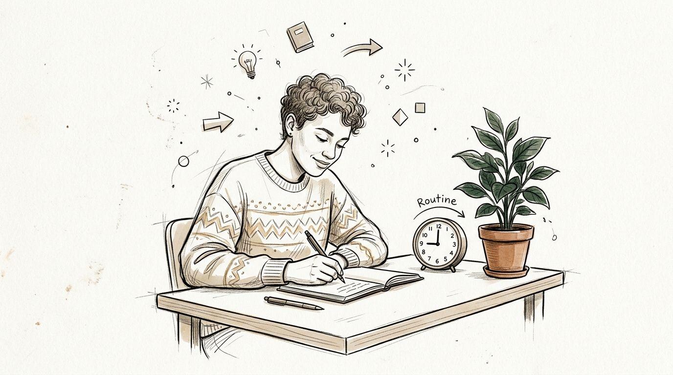 A person focused on writing in a notebook at a desk with a plant and alarm clock.
