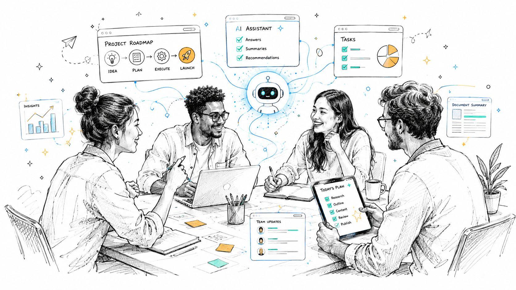 A diverse team collaborating in an office with digital AI assistants and project planning tools displayed.