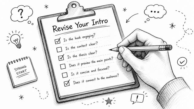 A hand drawing a checklist on a clipboard titled Revise Your Intro to improve essay writing.