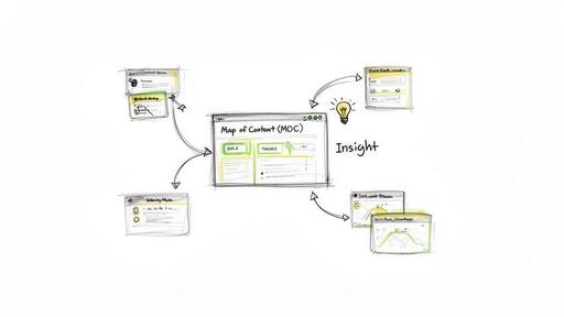A visual diagram illustrating how a Map of Content (MOC) connects different research notes to generate insights.