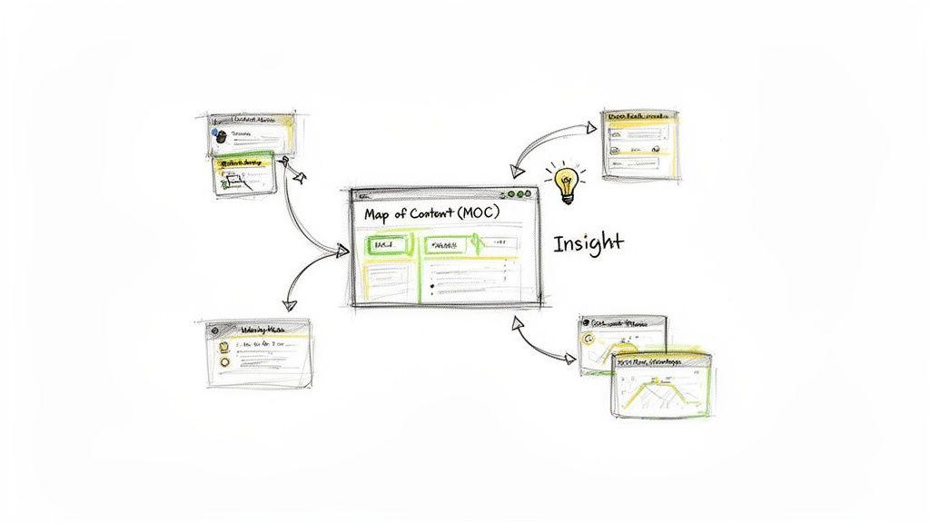A visual diagram illustrating how a Map of Content (MOC) connects different research notes to generate insights.