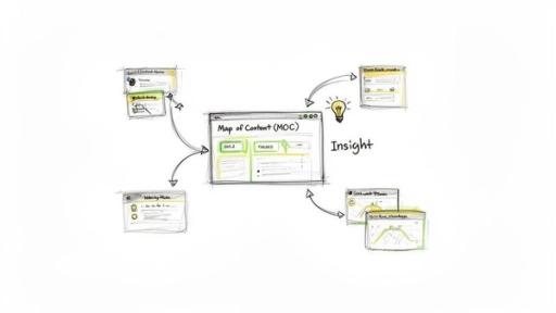 A visual diagram illustrating how a Map of Content (MOC) connects different research notes to generate insights.